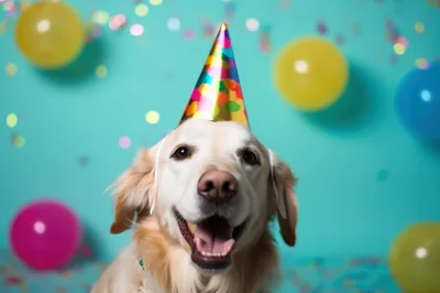 Golden Retriever Wearing A Colorful Party Hat