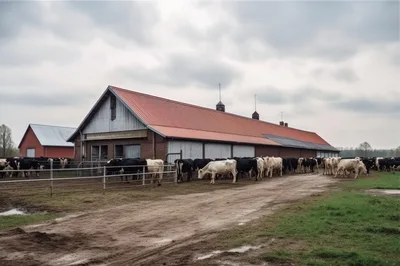 Cows Grazing Near A Large Farm Barn