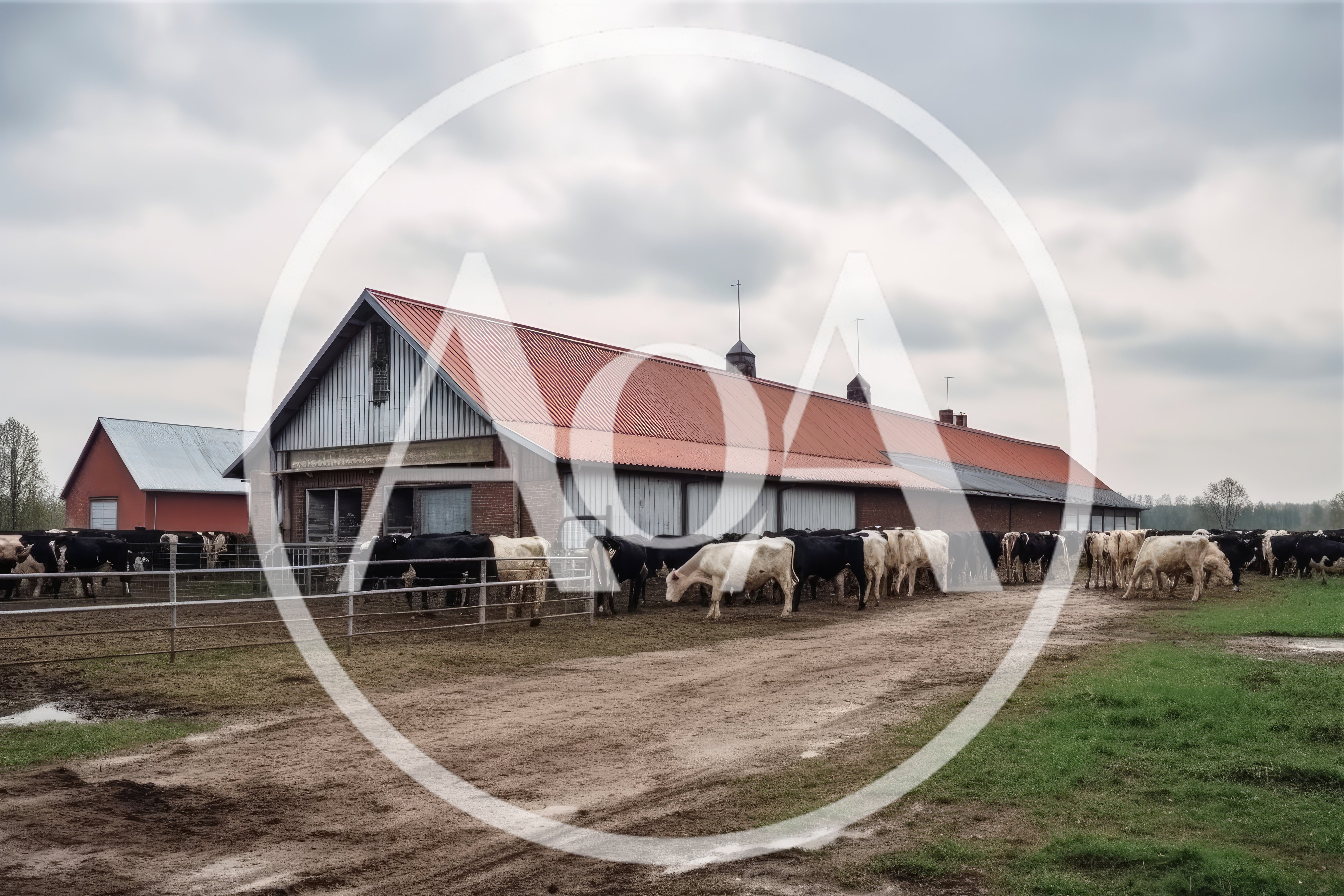 Cows Grazing Near A Large Farm Barn