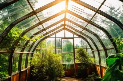 Sunlit Interior Of A Lush Glass Greenhouse