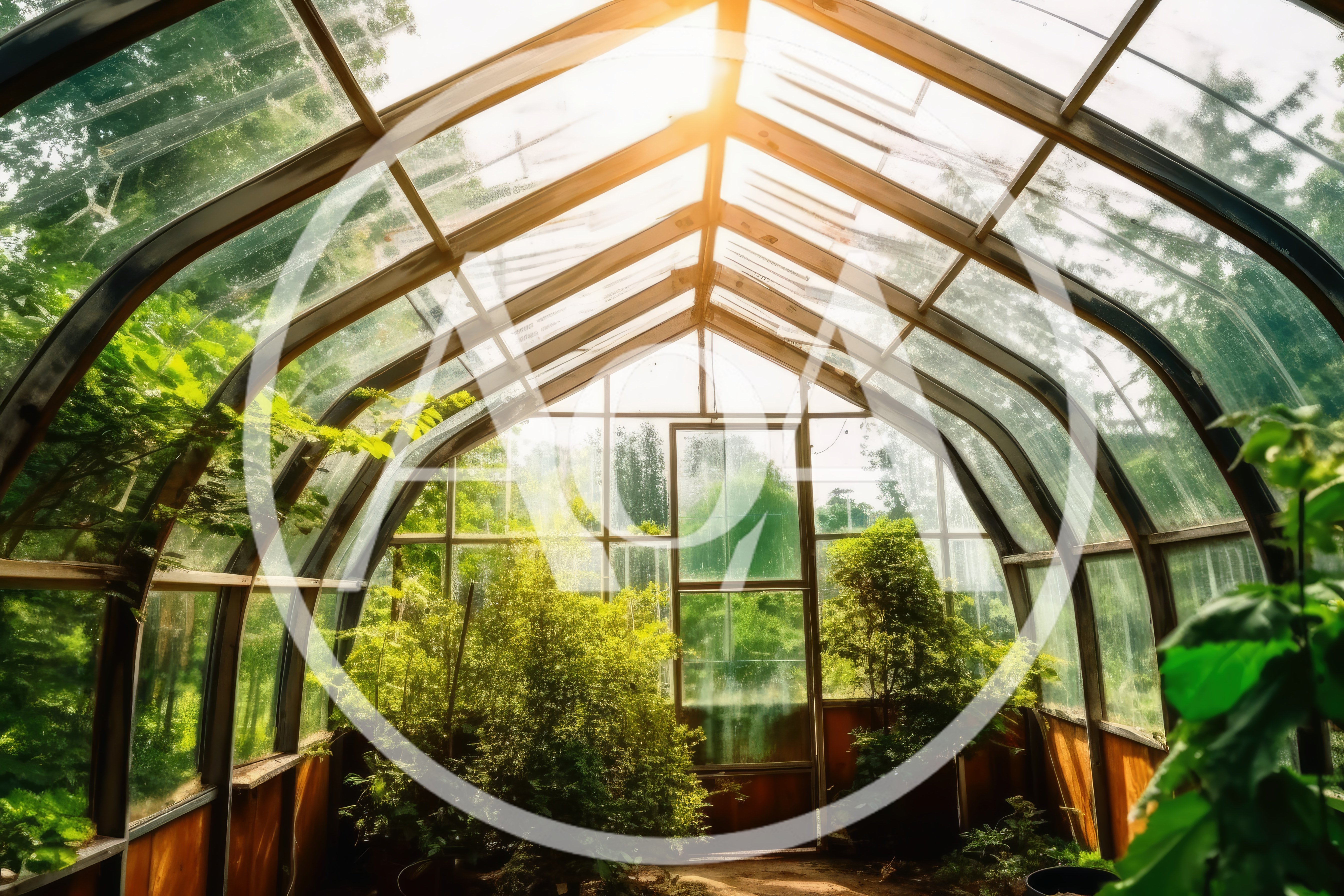 Sunlit Interior Of A Lush Glass Greenhouse