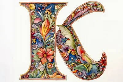 Ornate Floral Illuminated Letter K Illustration