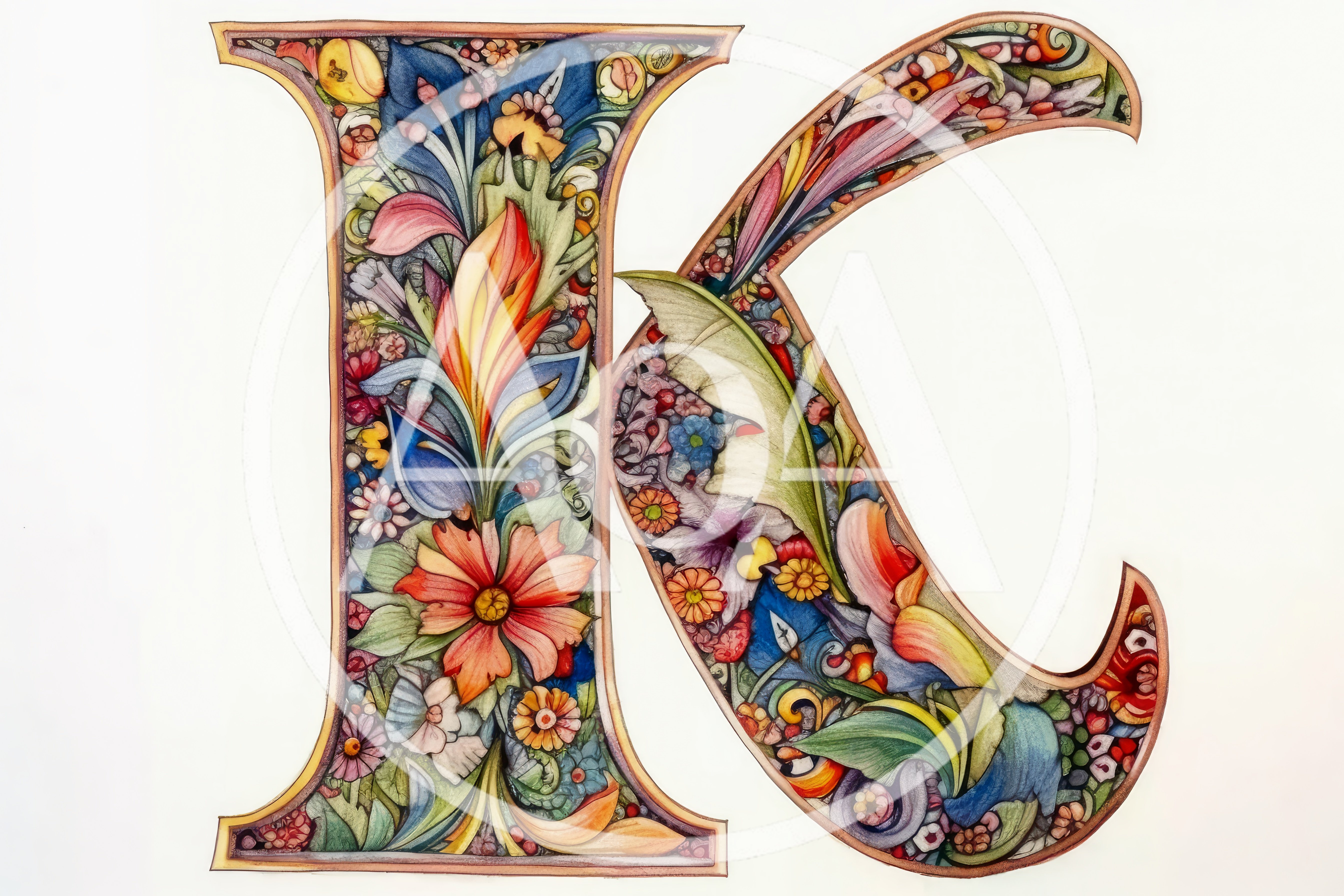 Ornate Floral Illuminated Letter K Illustration