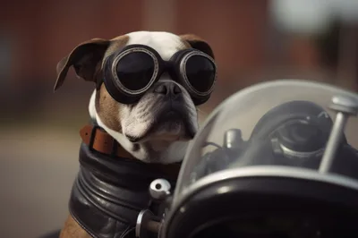 Bulldog Wearing Vintage Aviator Goggles On A Motorcycle