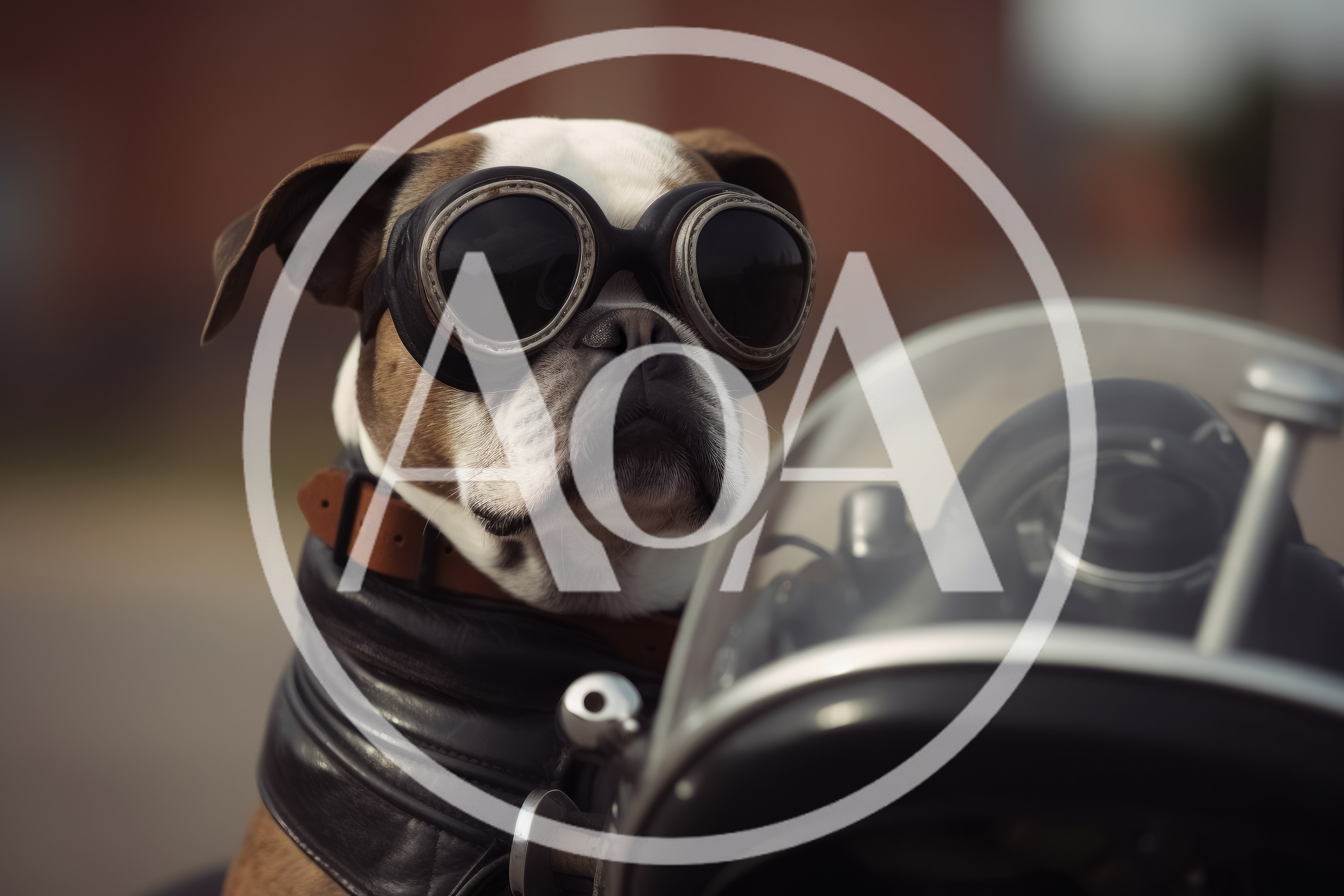 Bulldog Wearing Vintage Aviator Goggles On A Motorcycle