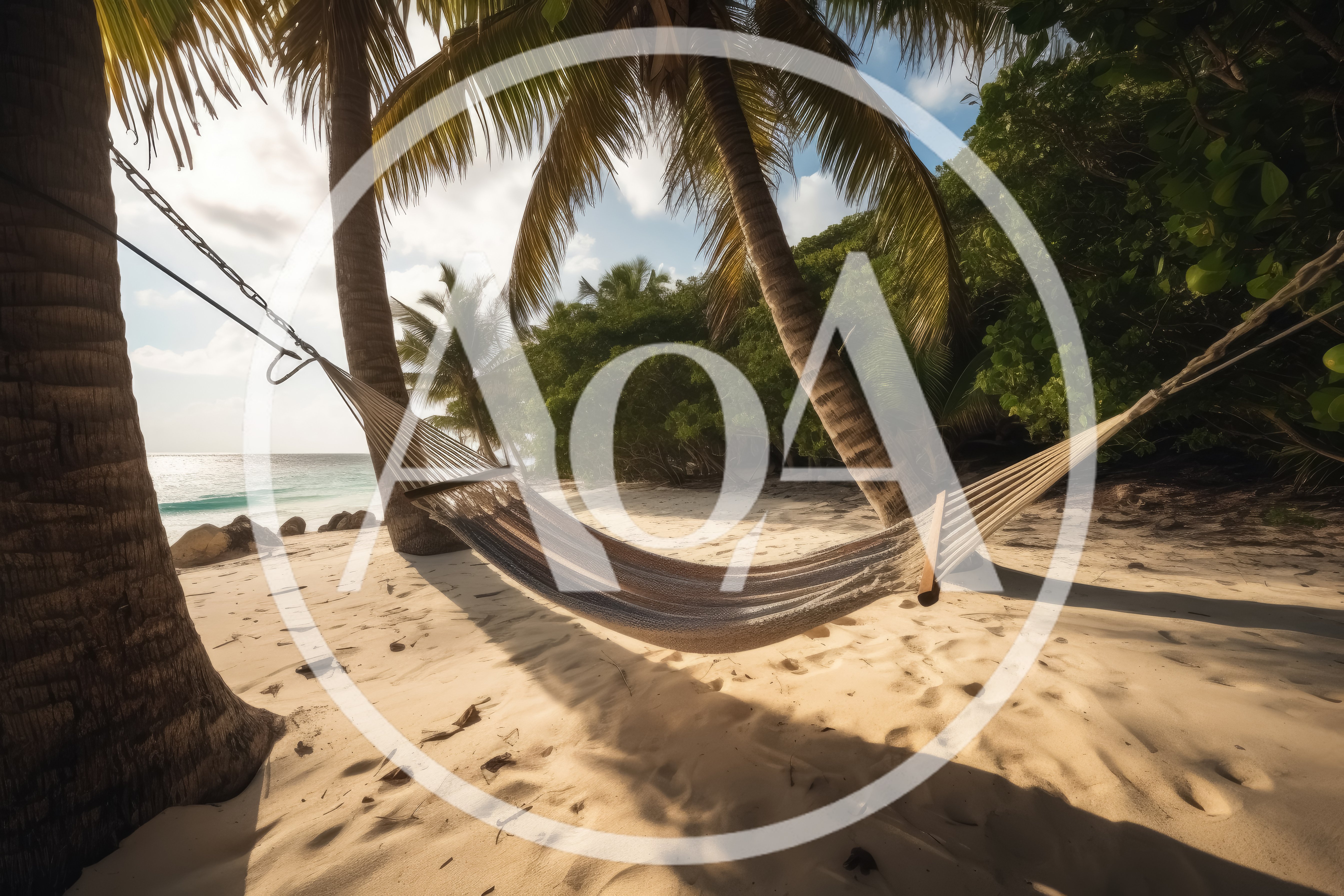 Empty Hammock Hanging Between Palm Trees On Tropical Beach