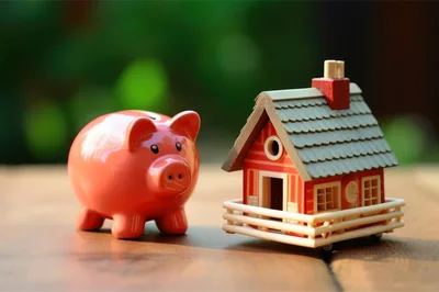 Piggy Bank And Miniature House Model On Wooden Table