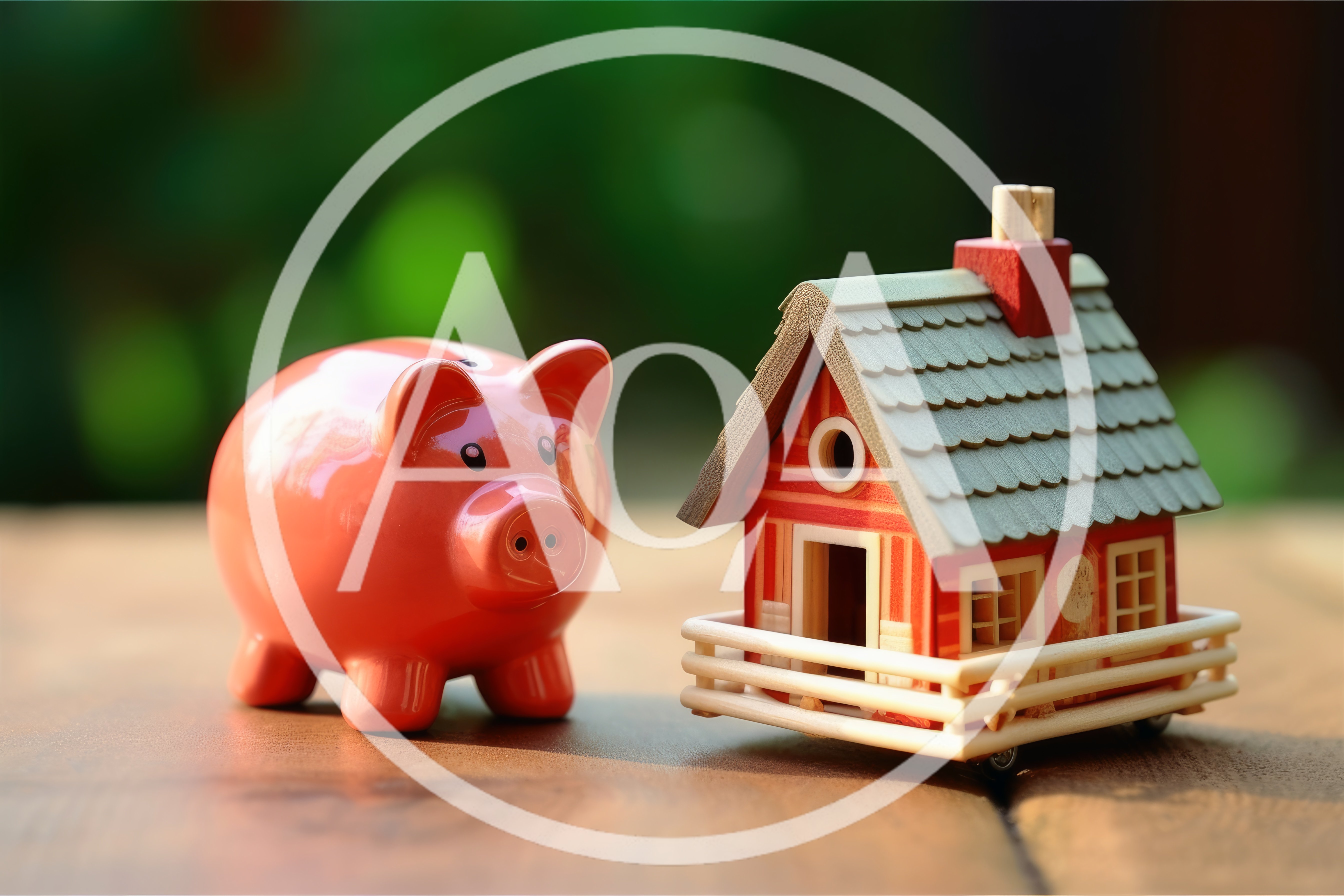 Piggy Bank And Miniature House Model On Wooden Table
