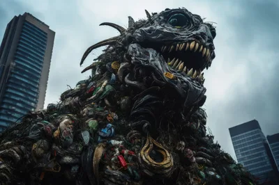 Giant Trash Monster Sculpture In Urban City Setting
