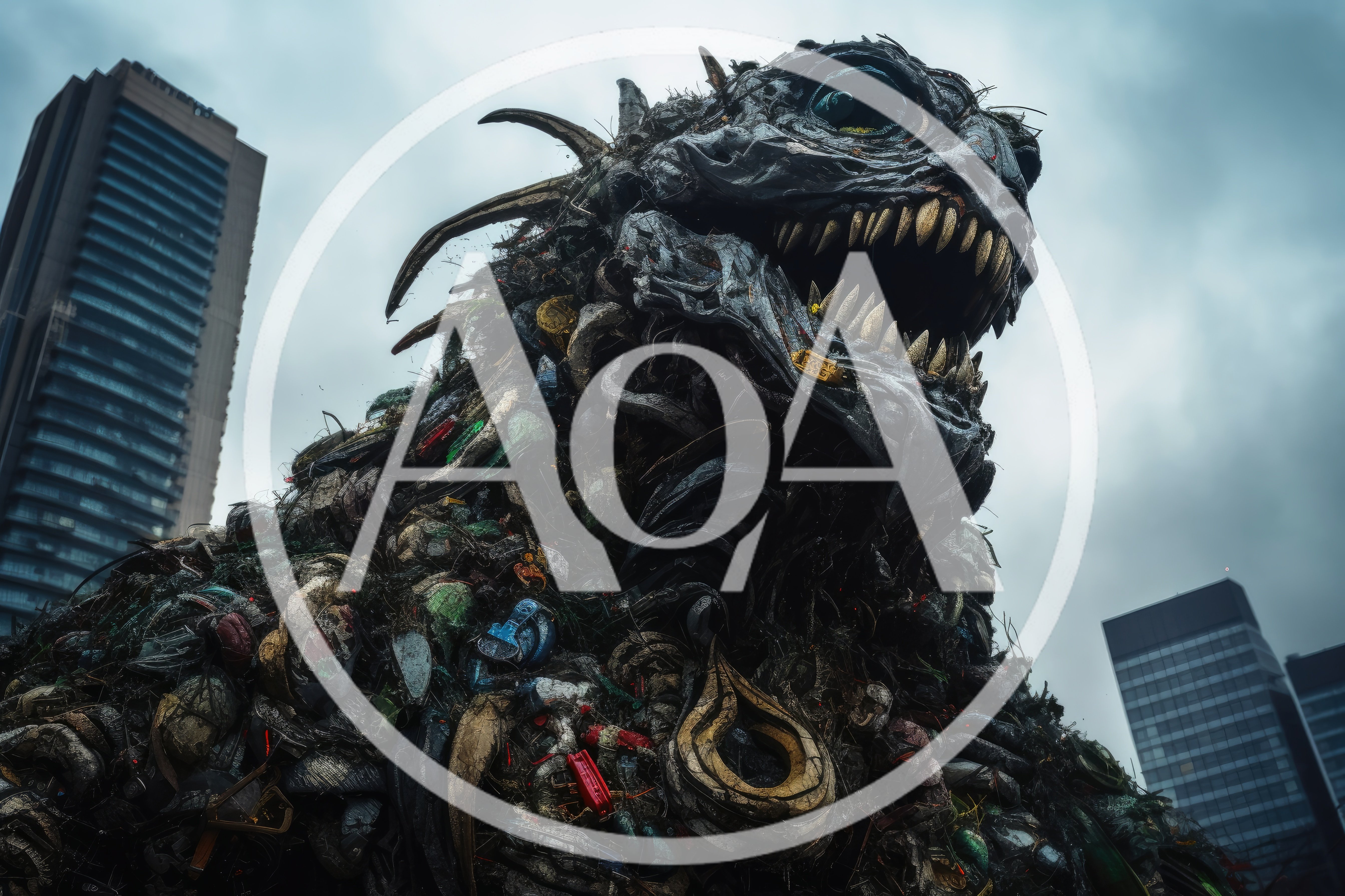 Giant Trash Monster Sculpture In Urban City Setting