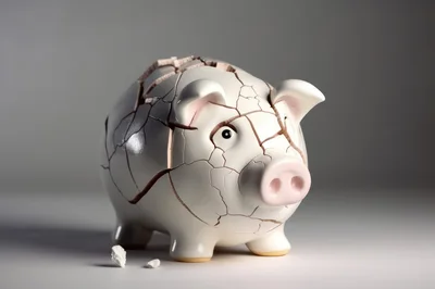 Cracked White Ceramic Piggy Bank On Grey Background
