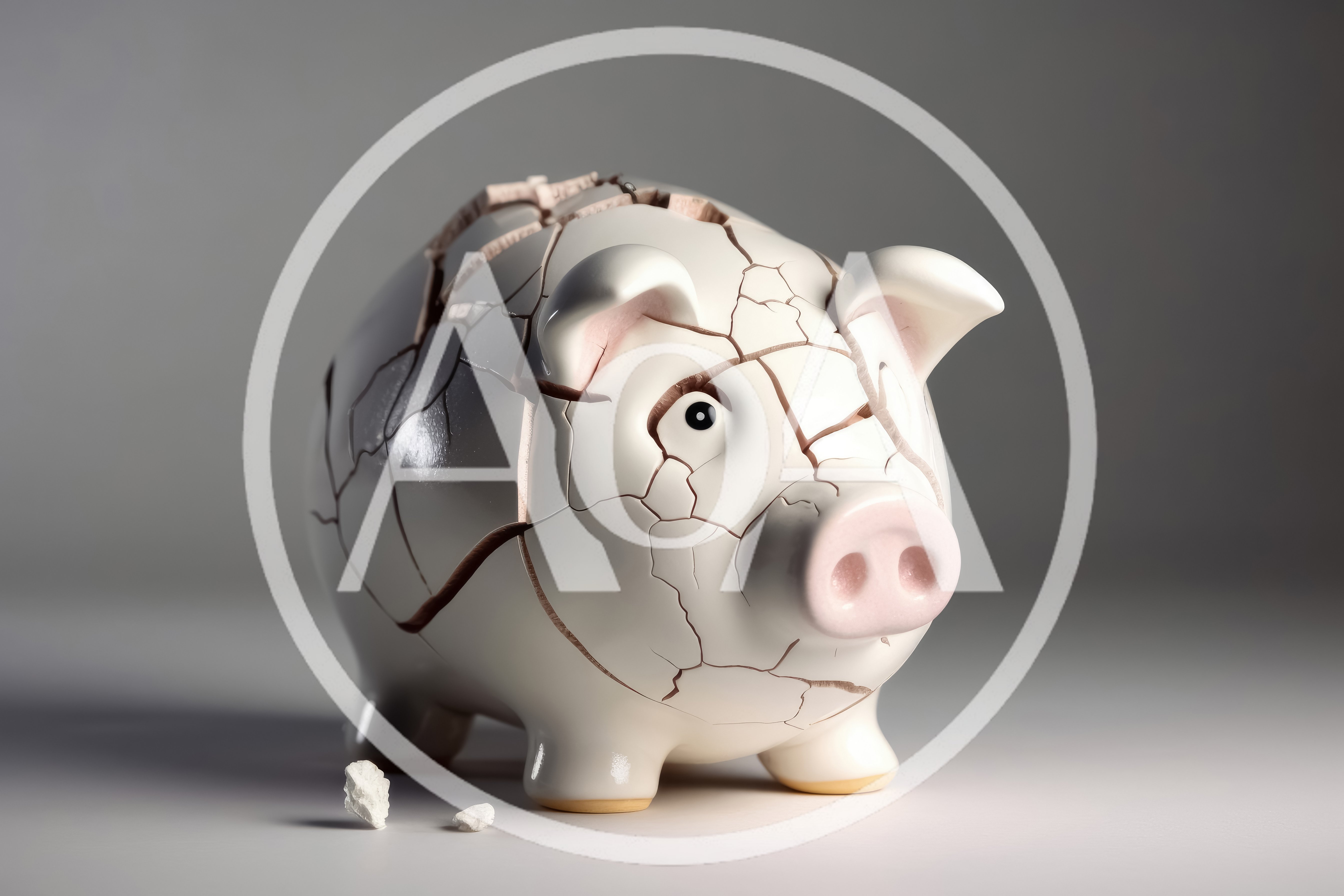Cracked White Ceramic Piggy Bank On Grey Background