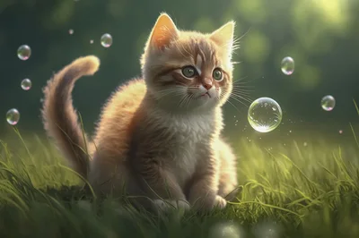 Cute Ginger Kitten Playing With Floating Bubbles Outdoors
