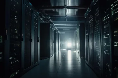 Dark Server Room With Glowing Data Center Racks