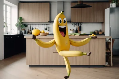 Animated Banana Character Dancing In A Modern Kitchen