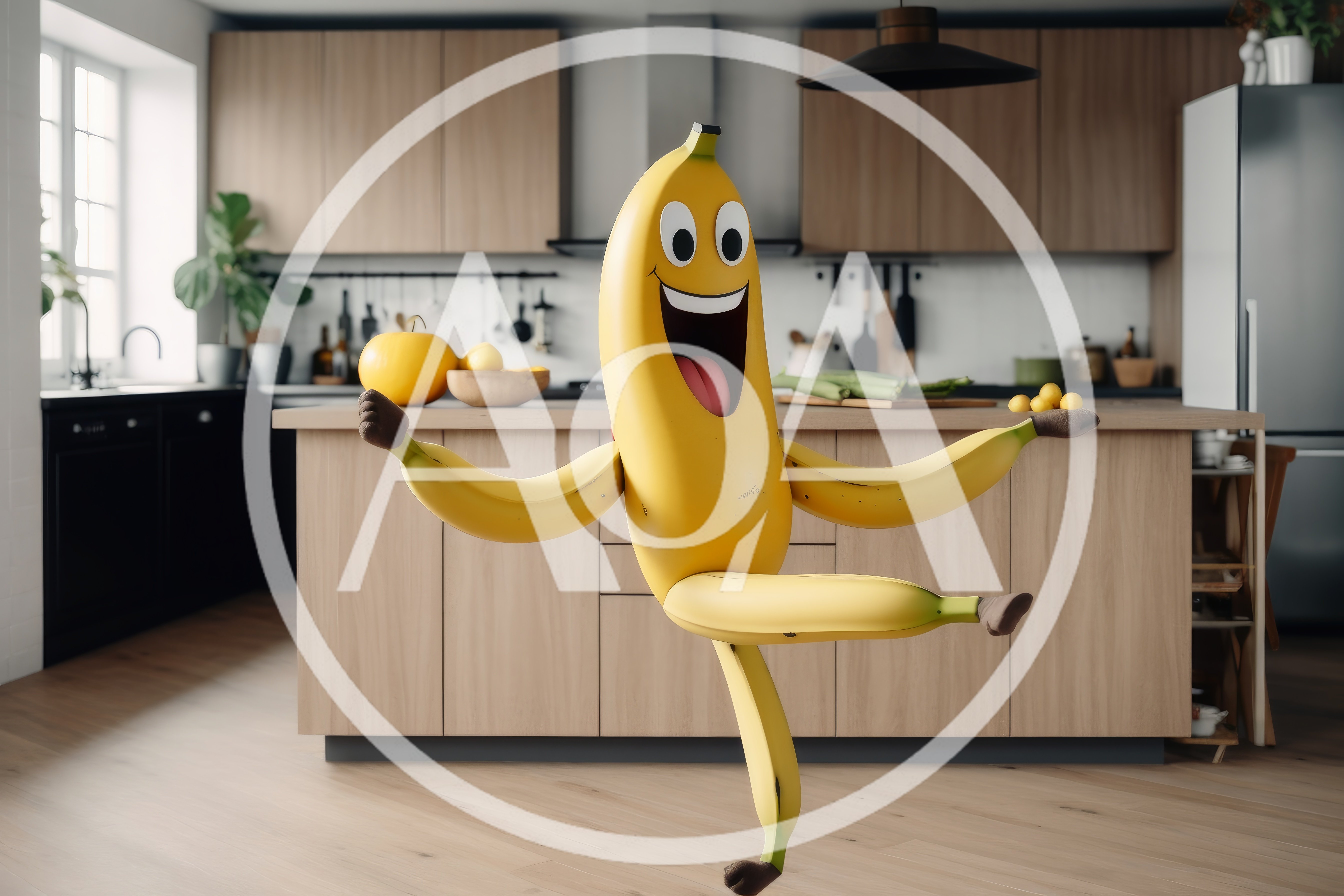Animated Banana Character Dancing In A Modern Kitchen