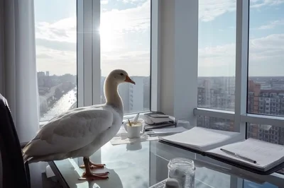 White Goose Standing On A Glass Office Desk