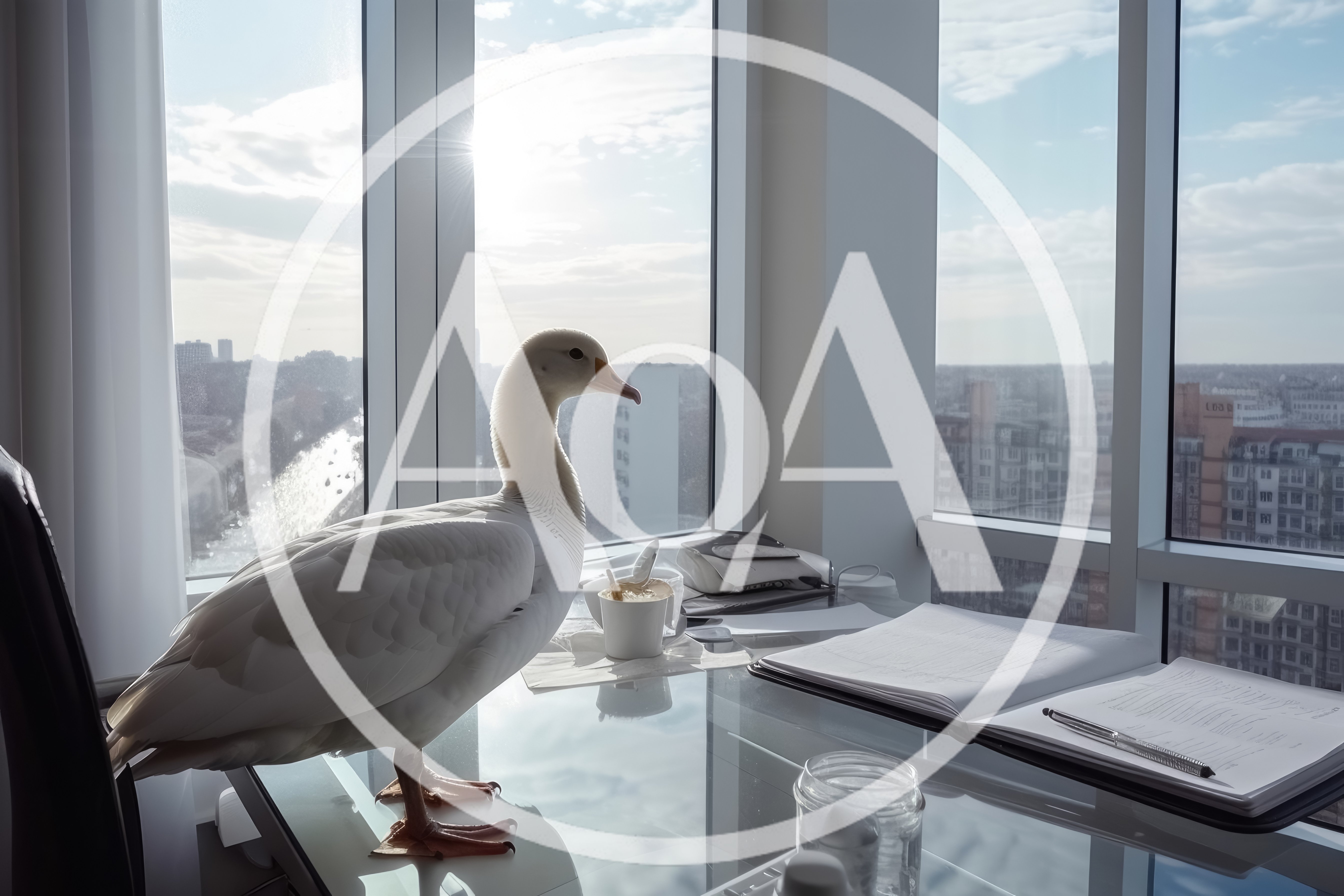 White Goose Standing On A Glass Office Desk