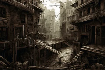 Dystopian Ruined City Street With Architectural Decay