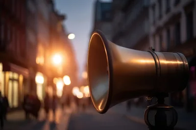 Vintage Brass Megaphone On City Street