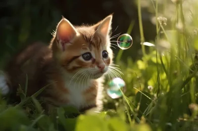 Cute Ginger Kitten Playing With Floating Bubbles Outdoors