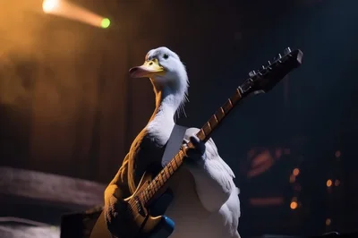 Anthropomorphic Duck Playing Electric Guitar On Stage