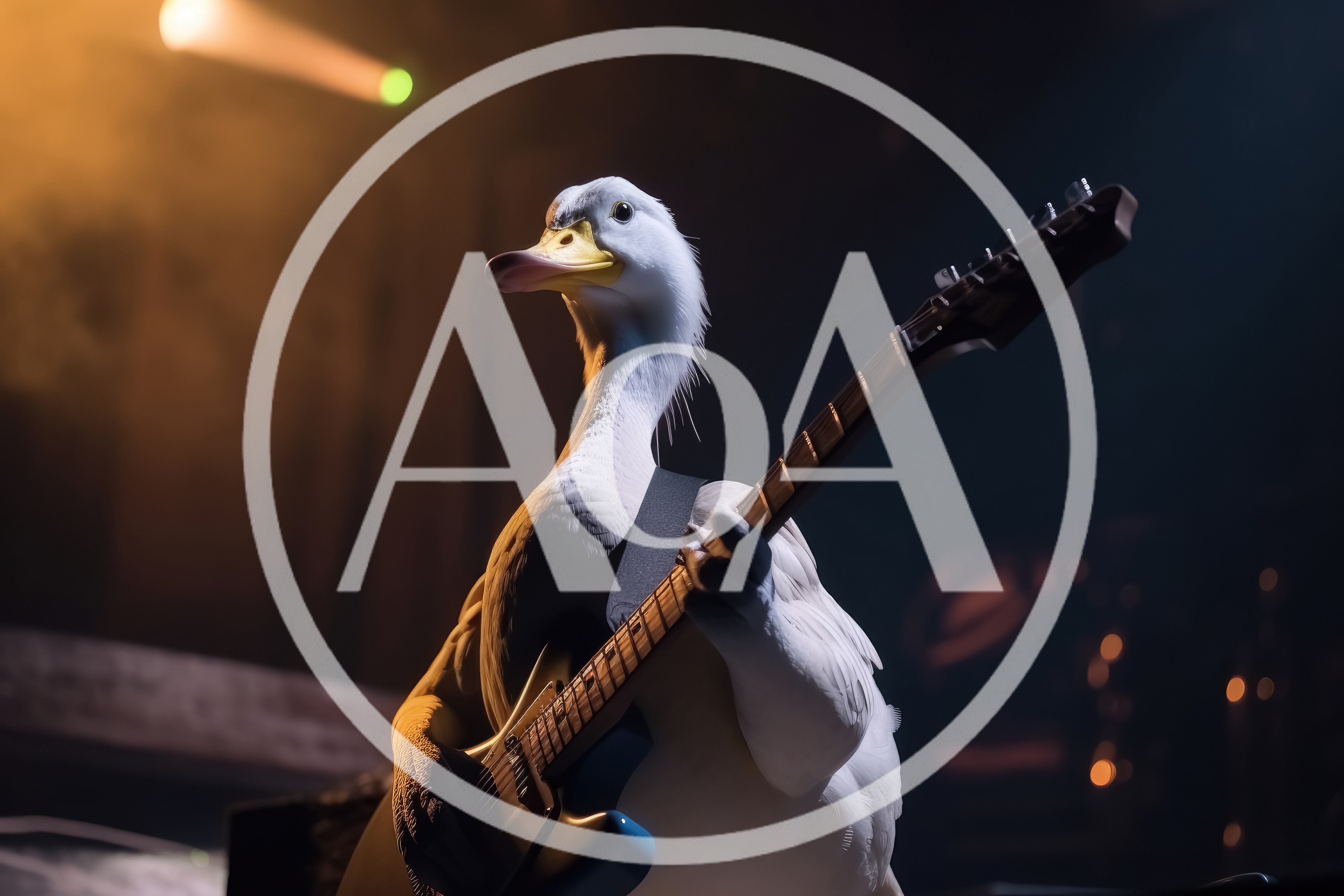 Anthropomorphic Duck Playing Electric Guitar On Stage