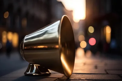 Golden Megaphone Resting On A City Sidewalk