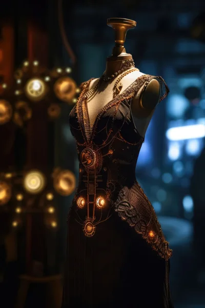 Steampunk Mannequin Displaying Intricate Mechanical Evening Gown