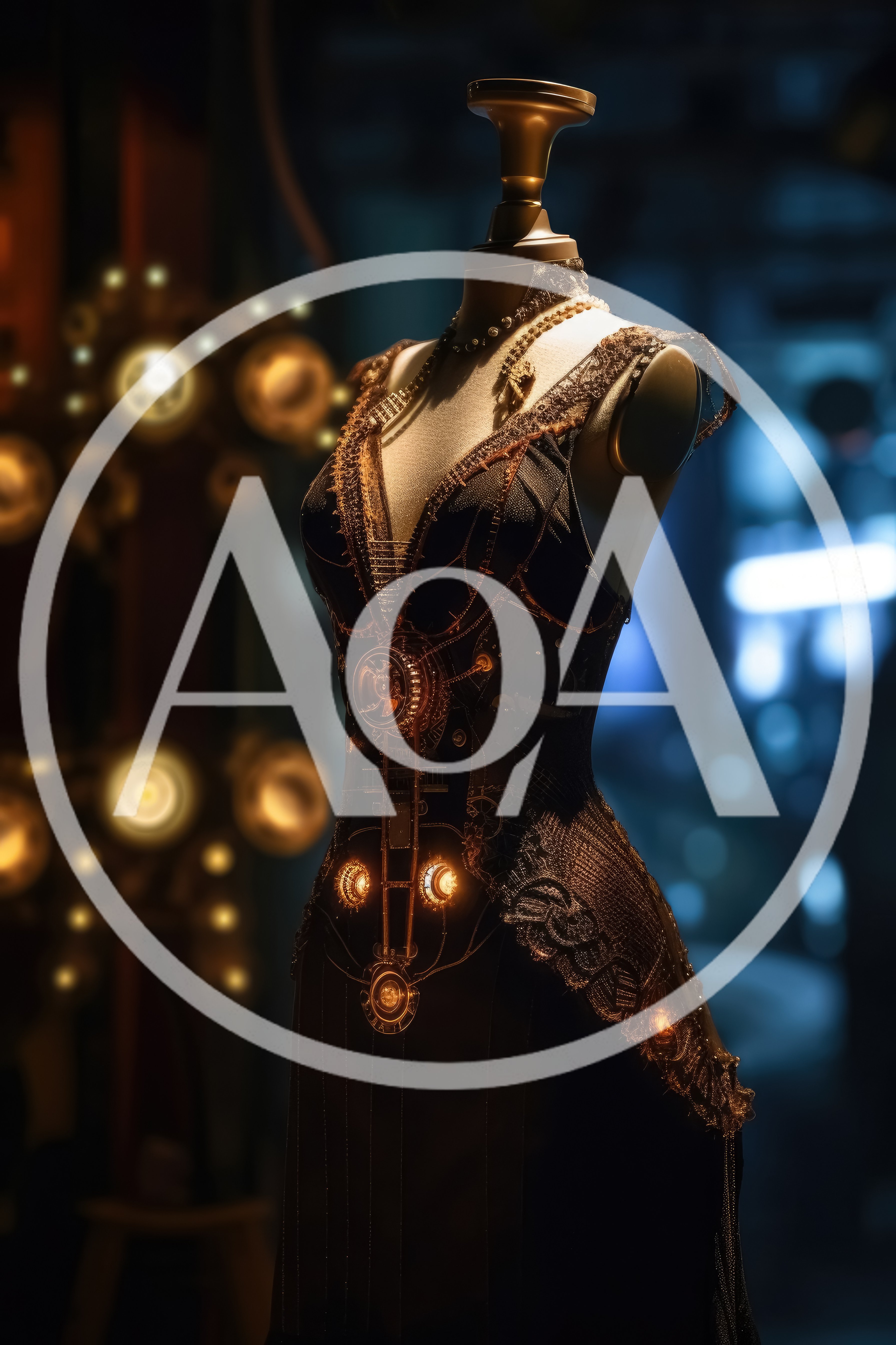 Steampunk Mannequin Displaying Intricate Mechanical Evening Gown