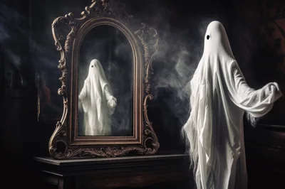 Ghostly Figure Standing Before An Ornate Antique Mirror