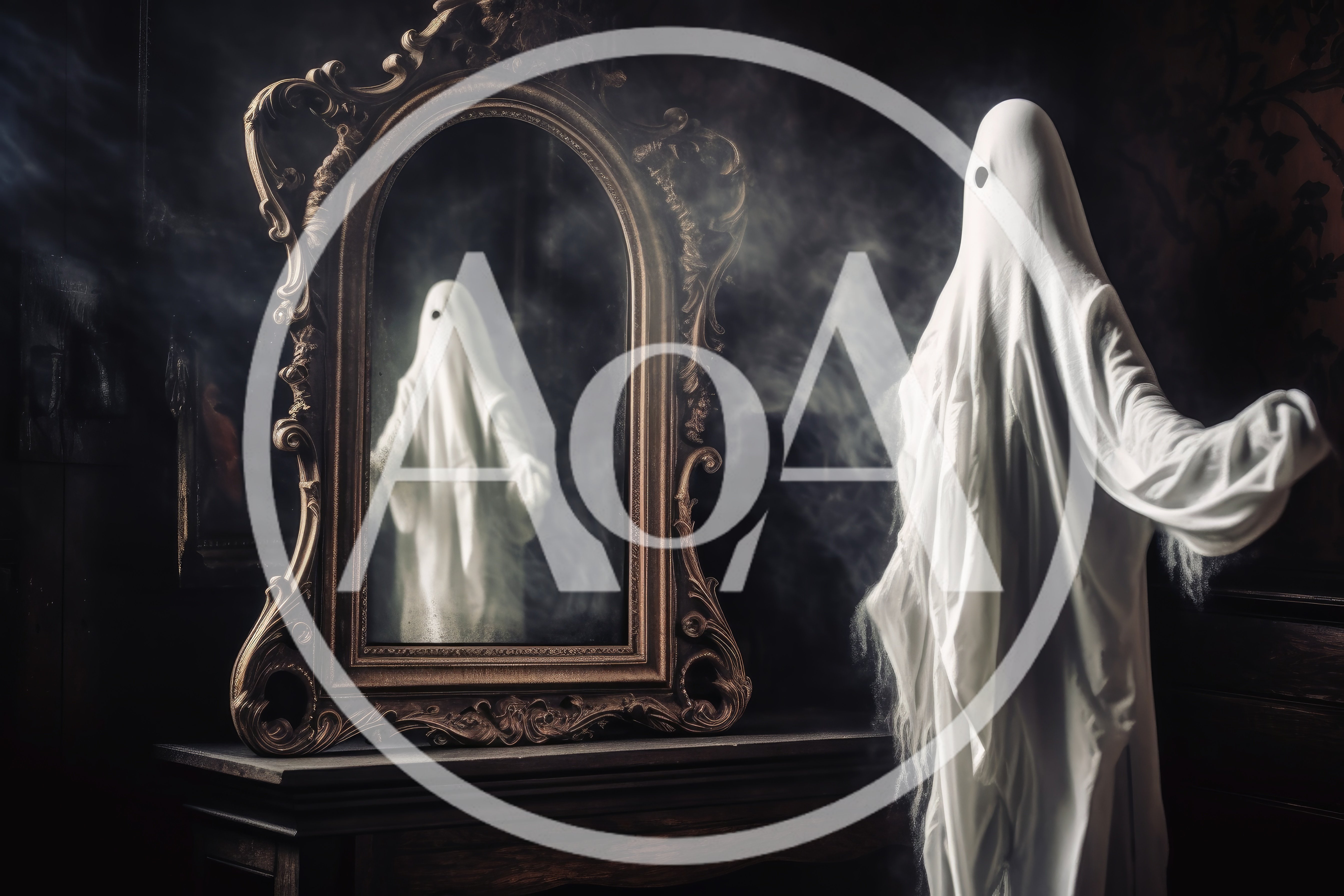 Ghostly Figure Standing Before An Ornate Antique Mirror