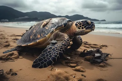 Green Sea Turtle Crawling On Sandy Beach