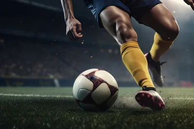 Professional Soccer Player Dribbling Ball On Stadium Field
