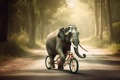 Elephant Riding A Bicycle On A Forest Road