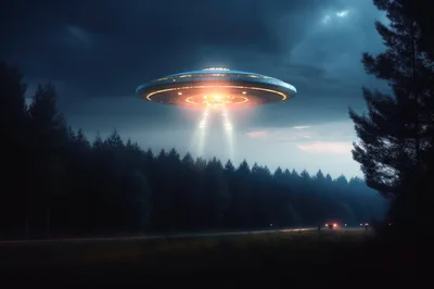 UFO Hovering Over A Dark Forest At Night