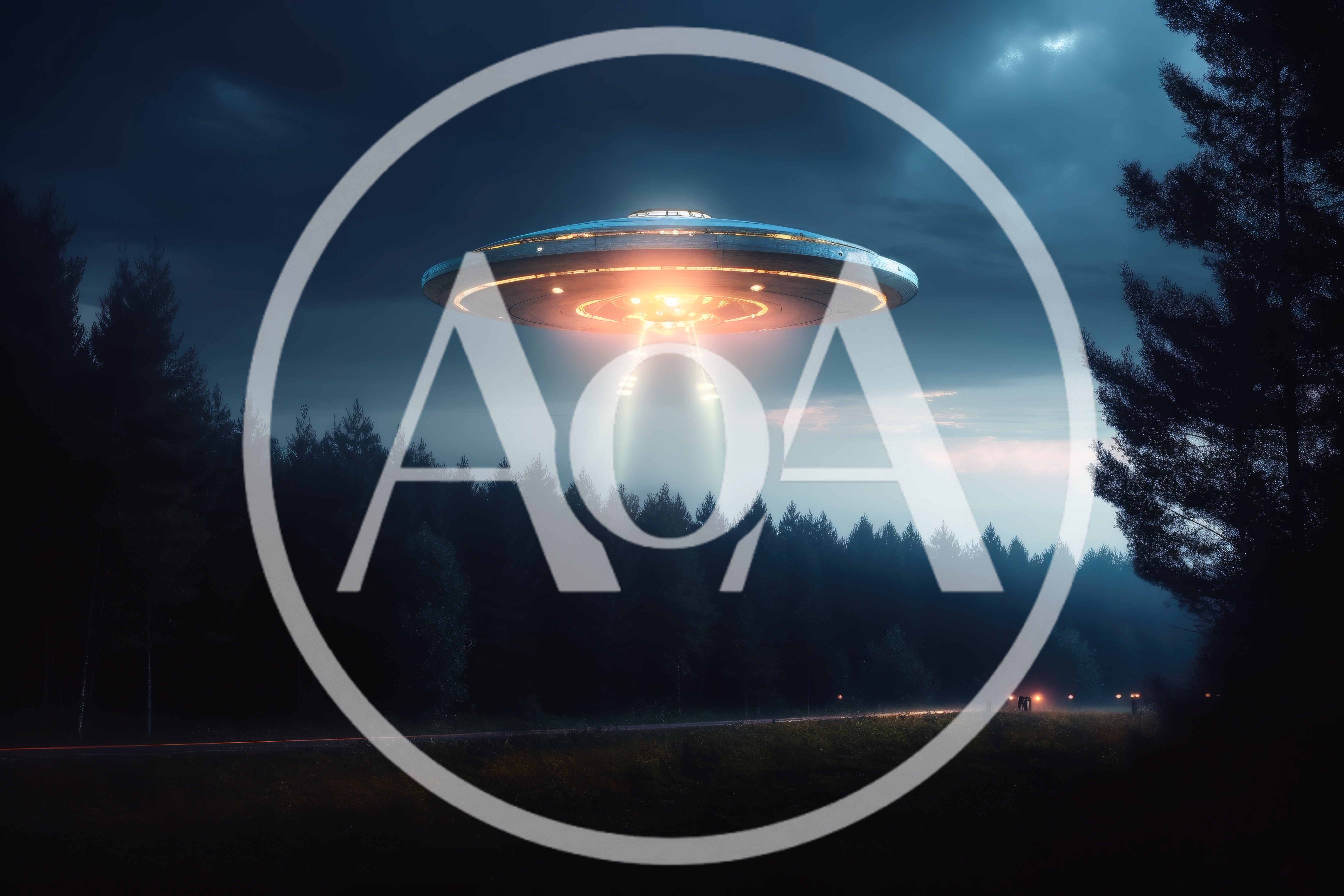 UFO Hovering Over A Dark Forest At Night