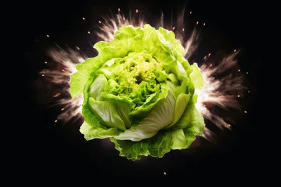 Fresh Green Lettuce Head Exploding With Dust Particles