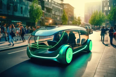 Futuristic Autonomous Electric Vehicle Driving Through Modern City