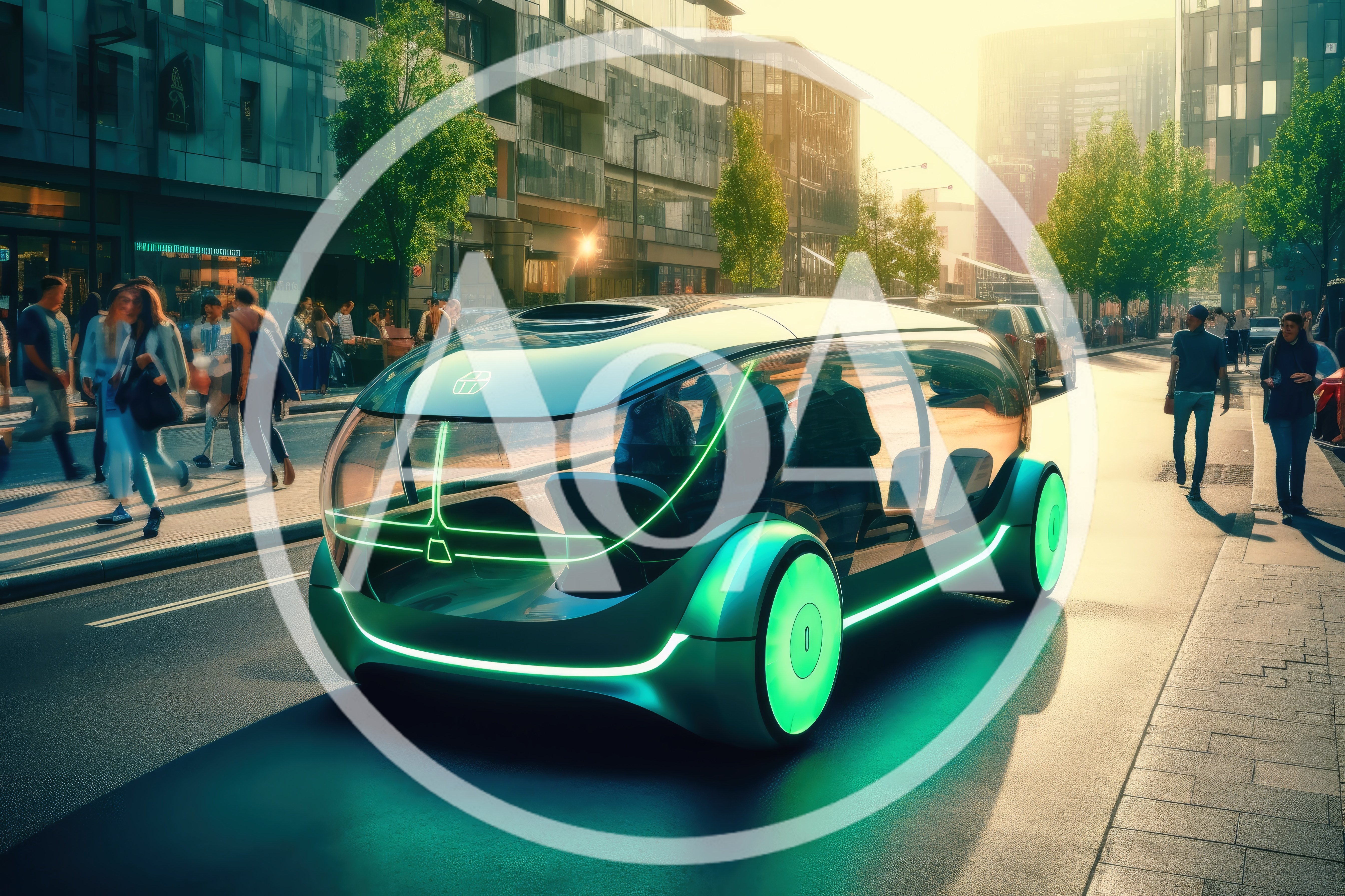 Futuristic Autonomous Electric Vehicle Driving Through Modern City