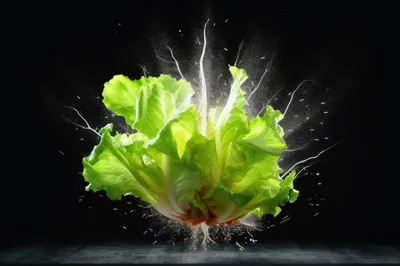 Exploding Fresh Green Lettuce Head Against Black Background