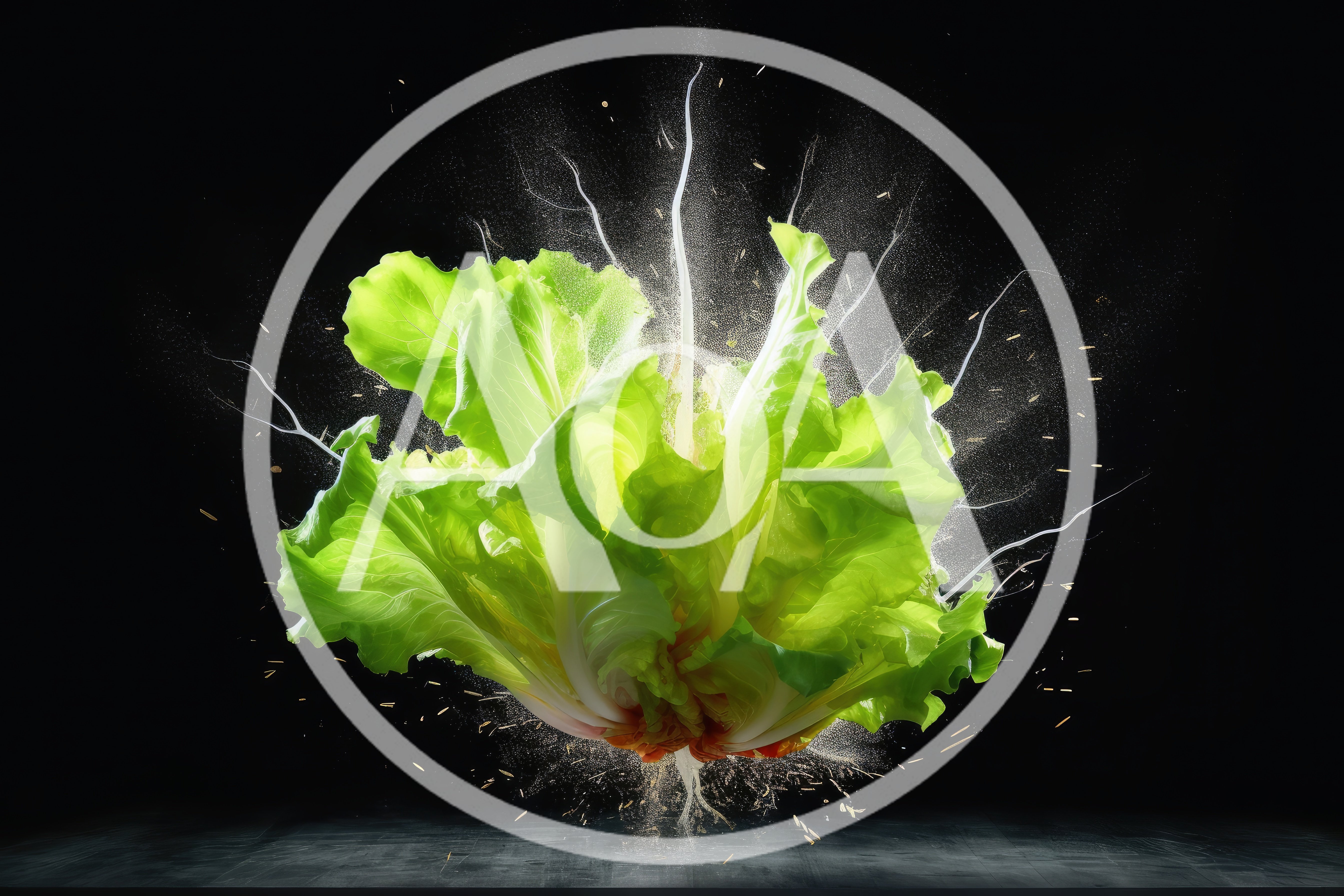 Exploding Fresh Green Lettuce Head Against Black Background