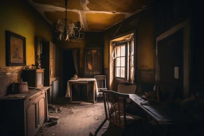 Abandoned Dilapidated Room With Vintage Furniture