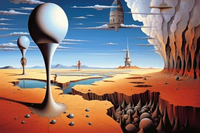 Surreal Desert Landscape With Floating Architecture And Abstract Spheres