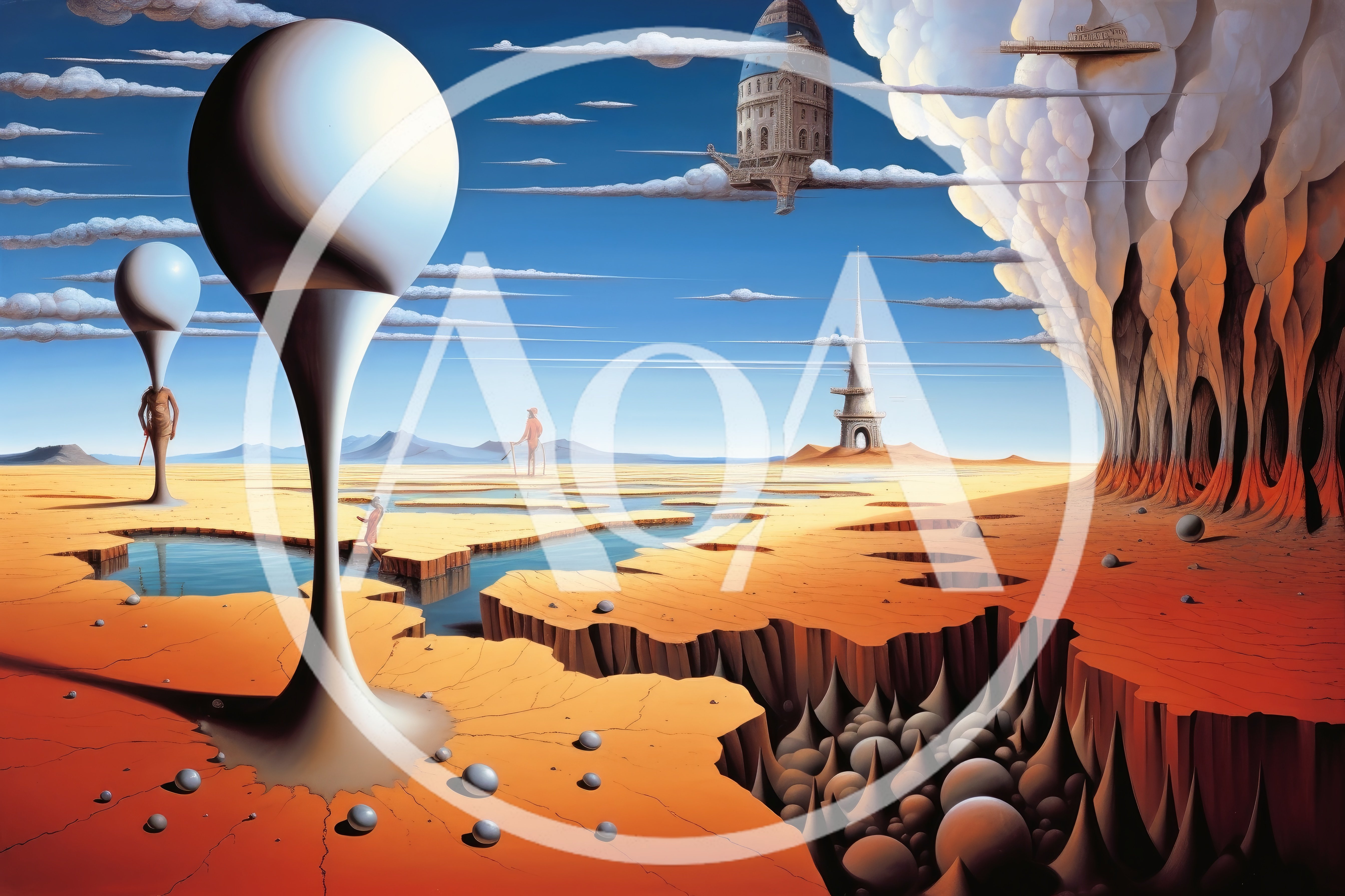 Surreal Desert Landscape With Floating Architecture And Abstract Spheres