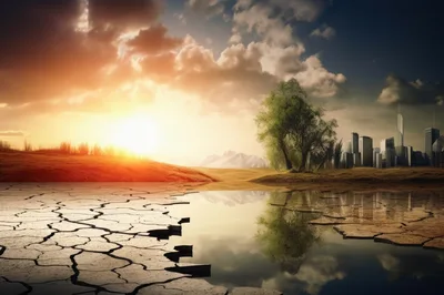 Surreal Landscape Featuring Cracked Earth And Distant City Skyline