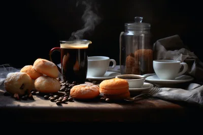Steaming Coffee And Fresh Pastries On A Rustic Table