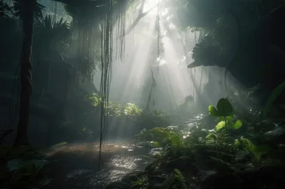 Sunlight Beams Through Dense Tropical Rainforest Canopy