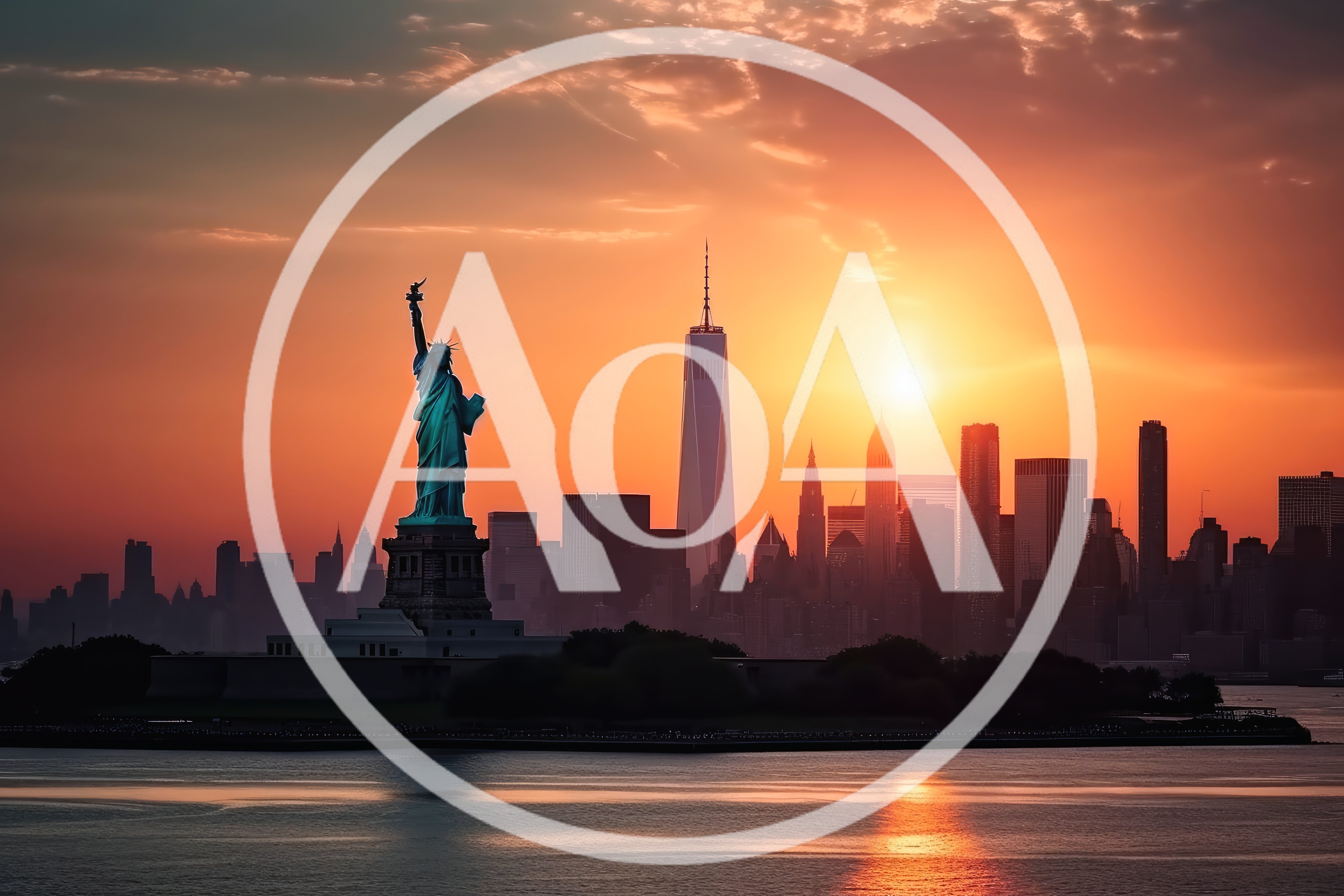 Statue Of Liberty And New York City Skyline Sunset