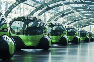 Futuristic Autonomous Pod Vehicles Parked In Modern Terminal